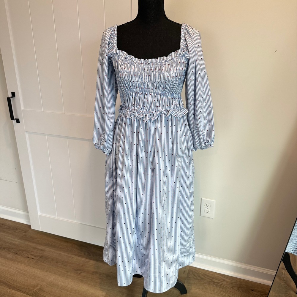 Maeve Anthropologie Blue White Striped Smocked Midi Dress Red Polka Dot Medium